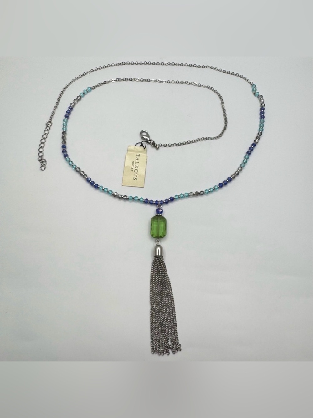 New Talbots Silver Tone Beaded Tassel Necklace Blue Green Faceted